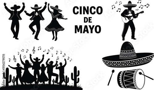 Cinco de Mayo Celebration Icon Set Mexican Dance Music Guitar Sombrero Drum Fiesta Silhouette Vector Collection
