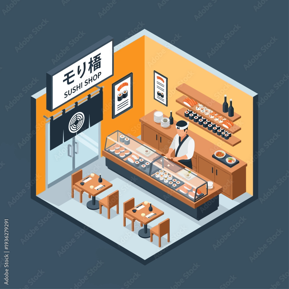 Fototapeta premium Isometric illustration of a sushi shop with a chef serving customers at a counter.