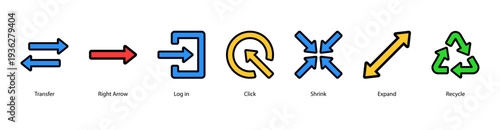 Navigation and Actions web banner vector illustration featuring Transfer, Right Arrow, Log in, Click, Shrink, Expand, and Recycle for digital navigation and user interface actions.