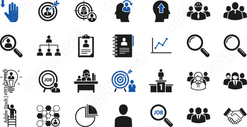 Human Resources and Recruitment Icons Set with Teamwork Hiring Target Search and Business Management Editable Vector Collection