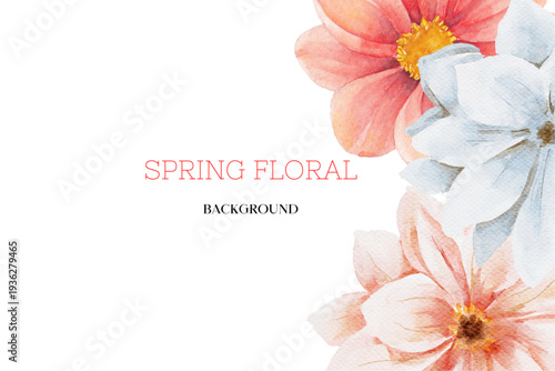 Spring floral in watercolor vector background. Luxury wallpaper design with pink flowers, line art, golden texture.
