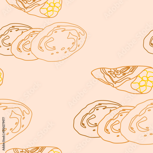 Editable Outline Style Top Side View Classic Open And Rolled Indian Masala Dosa Vector Illustration Seamless Pattern for Background of Cuisine Related Design With South Asian Culture and Tradition