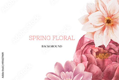 Spring floral in watercolor vector background. Luxury wallpaper design with pink flowers, line art, golden texture.
