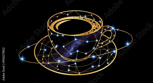 Golden teacup and saucer with glowing constellation lines on a black background symbolizing luxury and astronomy