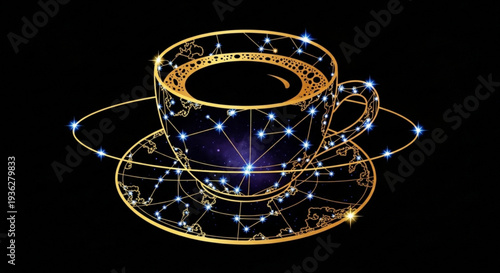 Golden constellation tea cup and saucer on black background with stars and astrology symbols