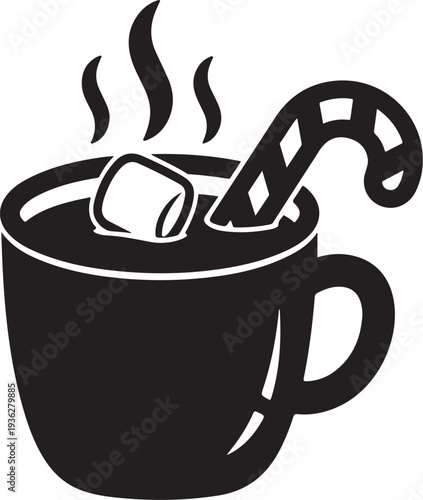 Vector illustration of a hot chocolate mug with candy cane and marshmallow