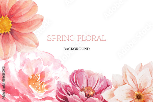 Spring floral in watercolor vector background. Luxury wallpaper design with pink flowers, line art, golden texture.
