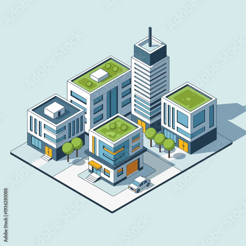 Isometric illustration of modern office buildings with green roofs and urban landscape.