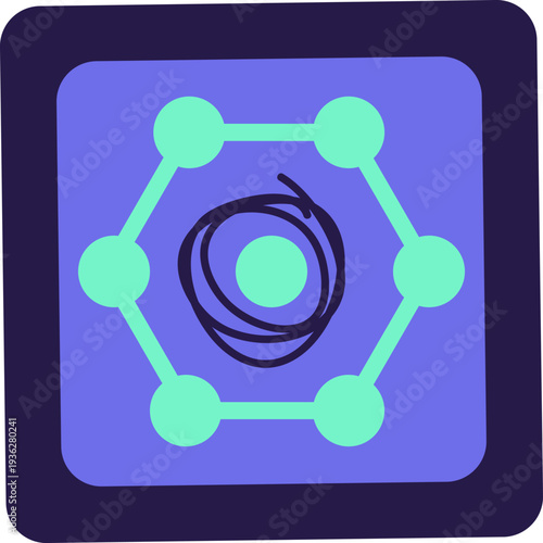 Blue And Turquoise AI Technology Doodle Outline Sticker With Cyber Chip. Bright Flat Icon