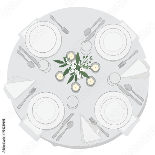 Elegant Round Table Setting with Fine Dinnerware and Silverware for Formal Event