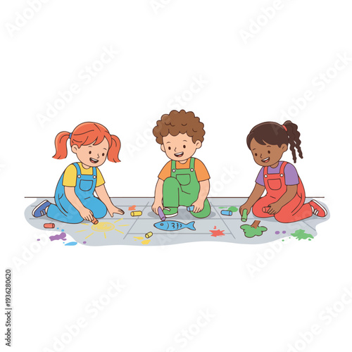 Three cheerful diverse children are engaged in outdoor art, happily kneeling on a paved surface and drawing vibrant pictures with chalk and paint.