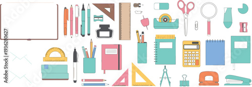 School and Office Supplies Icon Set with Stationery Tools Notebook Calculator Ruler Scissors and Study Equipment Vector Collection
