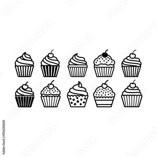 A set of decorated cupcakes with various toppings