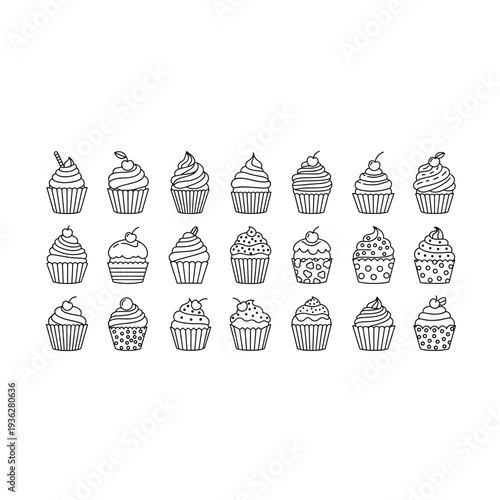 A collection of 20 unique cupcake illustrations in a variety of designs
