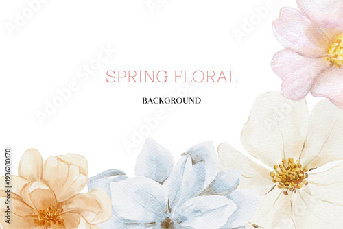 Spring floral in watercolor vector background. Luxury wallpaper design with pink flowers, line art, golden texture.
