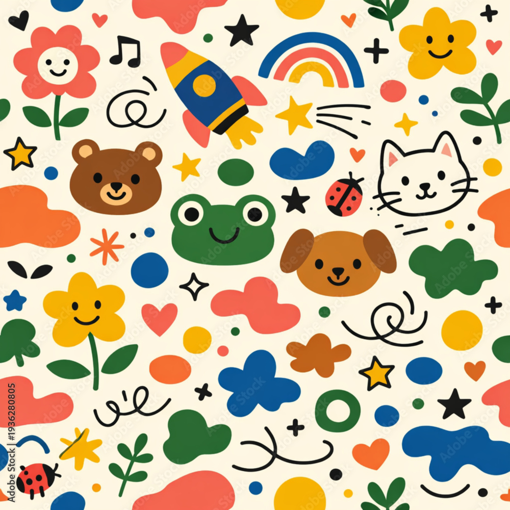 Fototapeta premium Playful nursery doodle pattern with animals rocket and rainbow illustrations