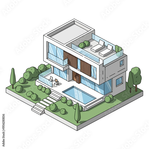 Modern luxury house with pool and garden.