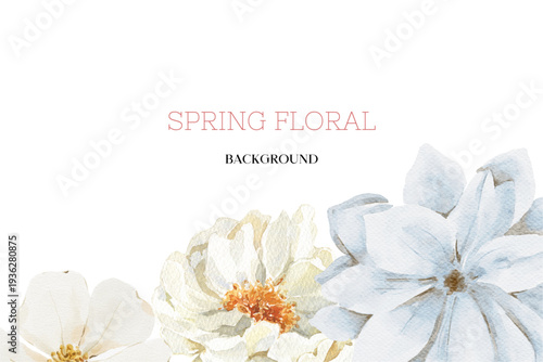 Spring floral in watercolor vector background. Luxury wallpaper design with pink flowers, line art, golden texture.
