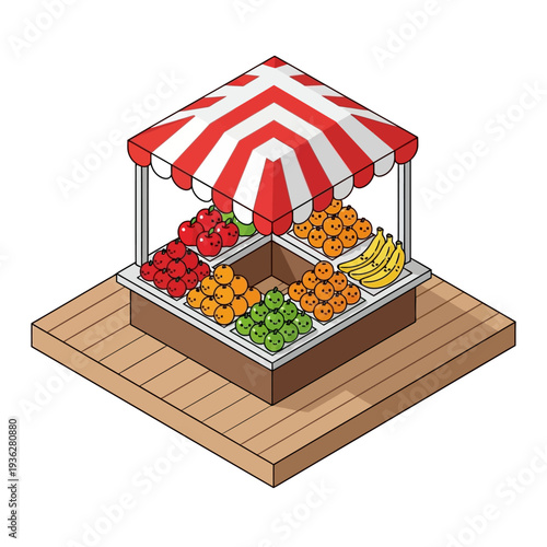Colorful fruit stand with red and white striped awning on wooden platform.