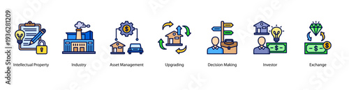 Business Validation web banner vector illustration featuring Intellectual Property, Industry, Asset Management, Upgrading, Decision Making, Investor, and Exchange.