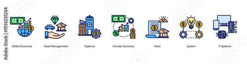 Global Assets web banner vector illustration featuring Global Economy, Asset Management, Expense, Circular Economy, Asset, System, and IT Systems.