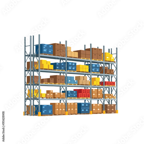 Industrial Storage Shelving with Boxes and Containers in a Warehouse Setting