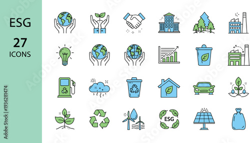 ESG Sustainability Icons Set with Renewable Energy Recycling Green Technology and Environmental Protection Editable Vector Collection