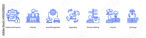 Business Validation web banner vector illustration featuring Intellectual Property, Industry, Asset Management, Upgrading, Decision Making, Investor, and Exchange.