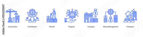 Enterprise Property web banner vector illustration featuring Construction, Contribution, Pension, Property, Company, Money Management, and Enterprise.