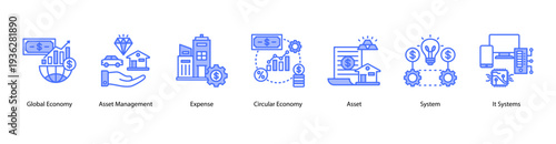 Global Assets web banner vector illustration featuring Global Economy, Asset Management, Expense, Circular Economy, Asset, System, and IT Systems.