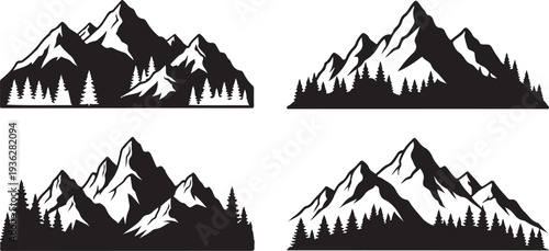 Black silhouette set of four mountain landscapes with trees on a white background, minimal outline