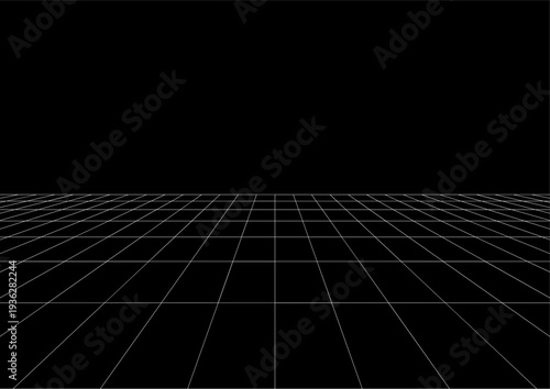 Part of digital room floor and far wall. Moving energetic grid structure of fine lines. Simple black and white dynamic background