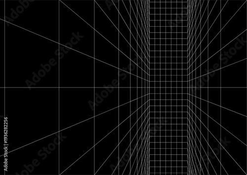 Vertical tunnel with a dead end at end. Moving energetic grid structure of fine lines. Simple black and white dynamic background
