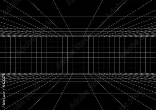 Part of digital room floor and far wall. Moving energetic grid structure of fine lines. Simple black and white dynamic background