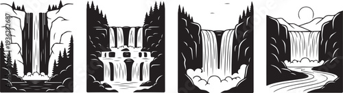Black silhouette set of four waterfall landscape scenes on a white background, minimal outline
