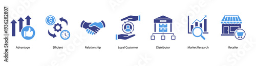 Market Relationship and Distribution web banner featuring Advantage, Efficient, Relationship, Loyal Customer, Distributor, Market Research, and Retailer.