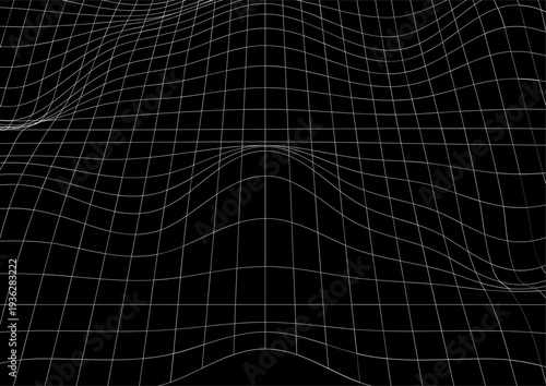 Wave wracked surface. Moving energetic grid structure of fine lines. Simple black and white dynamic background