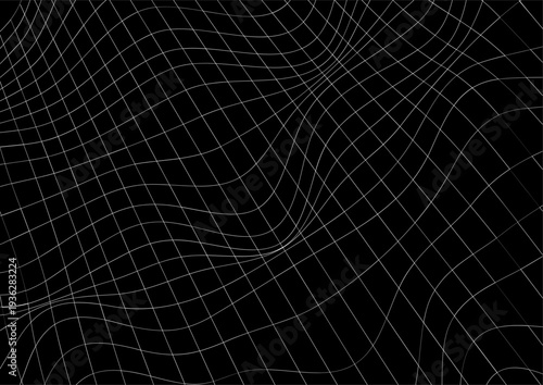 Wave wracked surface. Moving energetic grid structure of fine lines. Simple black and white dynamic background