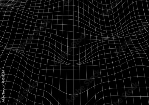 Wave wracked surface. Moving energetic grid structure of fine lines. Simple black and white dynamic background