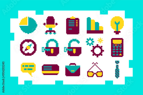 Yellow, Purple And Turquoise Pixel Art Business Icons Set For UI And Game Design. Flat Retro 8-bit Office And Finance Sprites.