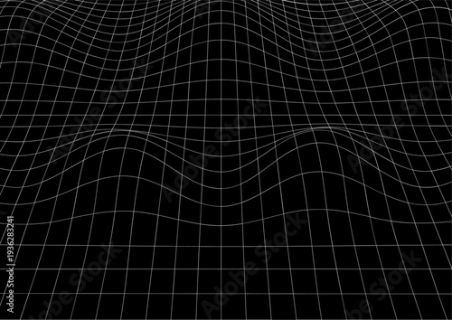 Wave wracked surface. Moving energetic grid structure of fine lines. Simple black and white dynamic background