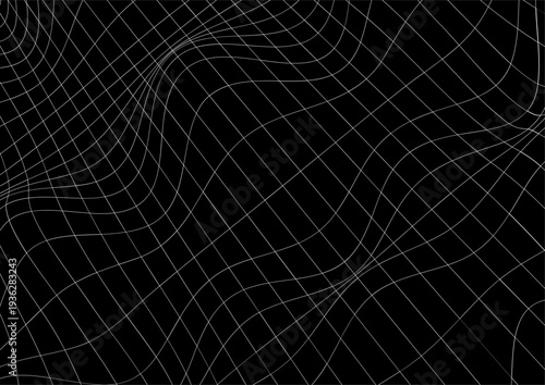 Wave wracked surface. Moving energetic grid structure of fine lines. Simple black and white dynamic background