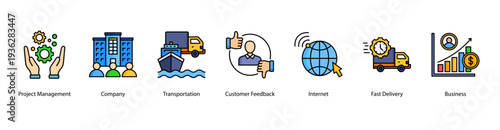 Company and Business Operation web banner featuring Project Management, Company, Transportation, Customer Feedback, Internet, Fast Delivery, and Business.