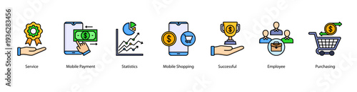 Service and Business Success web banner featuring Service, Mobile Payment, Statistics, Mobile Shopping, Successful, Employee, and Purchasing.
