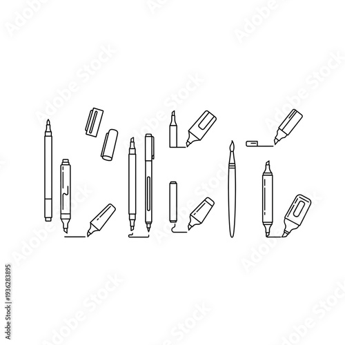 A collection of pens and pencils in various orientations