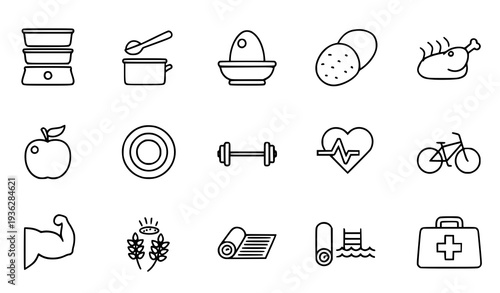 Thin line health and fitness icon set with food nutrition gym equipment and medical symbols vector outline collection
