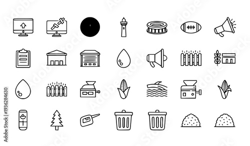 Professional thin stroke vector icon collection with business finance mosque stadium warehouse and environmental elements