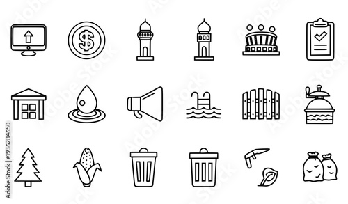 Thin line business and environment icon set with monitor arrow dollar coin minaret stadium warehouse and eco symbols vector outline collection