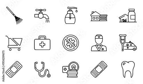 Professional thin stroke home and medical vector icon collection with pharmacy dental emergency and hygiene elements