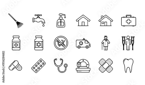 Modern monoline medical and home care thin line icon pack with pharmacy equipment hygiene and emergency symbols